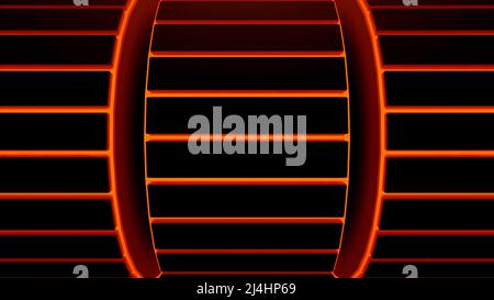 Schwarzer Hintergrund mit Neon-Formen.Design. Eine Abstraktion, auf der zweifarbige Fässer mit roten und blauen Farben in einer Abstraktion umgedreht werden. Stockfoto