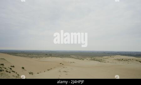 Wunderschöne Wüstenberge. Aktion. Die Wüste gegen den weißen Himmel hinter den großen, leicht grünen Bergen und alles im Sand. Stockfoto