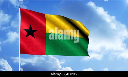 Die Flagge von Guinea-Bissau.Motion. Die Flagge eines unabhängigen Staates befindet sich oben am Himmel. Stockfoto