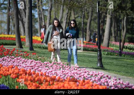 Istanbul, Türkei. 15. April 2022. Menschen genießen Tulpen in einem Park in Istanbul, Türkei, 15. April 2022. Quelle: Shadati/Xinhua/Alamy Live News Stockfoto