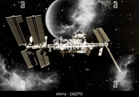 Ein Raumschiff nähert sich einem unbekannten Planeten. Raumfahrterfahrungskonzept. Einige Elemente dieses Bildes werden von der NASA eingerichtet Stockfoto