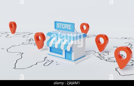 Shop mit Location Pin als Franchising von berühmten Branding auf der weißen Karte Hintergrund. Unternehmen Startup Eigentümer und Unternehmer Kommunikation info Stockfoto