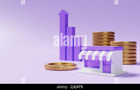 Supermarkt speichern und stapeln goldene Münzen mit steigenden Gewinn bar Diagramm auf lila Hintergrund mit Kopieplatz. Inhaber von Finanzunternehmen und ec Stockfoto