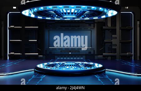 Sci-Fi Produktpodium im Raumschiff mit weißem und blauem Hintergrund. Raumfahrttechnik und Objektkonzept. 3D Darstellung von Illustrationen Stockfoto