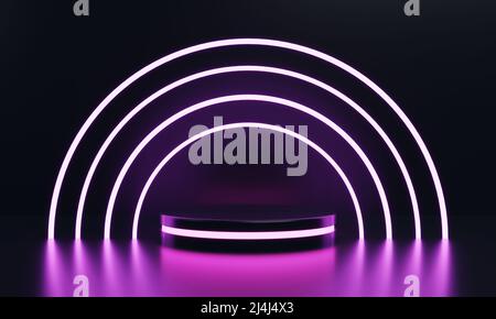 Moderne runde Produkt-Schaufenster Sci-Fi Podium mit rosa leuchtenden Licht Neon Ring Frame Hintergrund. Technologie- und Objektkonzept. 3D Abbildung Renderi Stockfoto