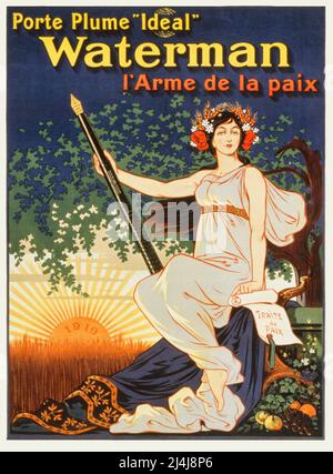 Ein französisches Werbeplakat aus dem frühen 20.. Jahrhundert, auf dem eine Frau mit einem riesigen Füllfederhalter und dem Slogan „Carry the 'ideal' Waterman Pen, the Weapon of Peace“ zu sehen ist. Der Künstler ist Eugène Ogé (1861-1936) Stockfoto