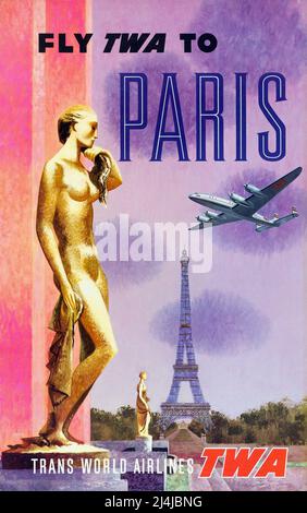 Vintage 1960s Reiseplakat Fliegen Sie mit TWA nach Paris , TWA – Trans World Airlines. Hochauflösendes Poster. Stockfoto