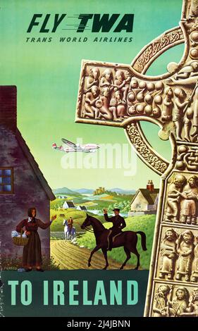 Vintage 1960s Reiseplakat Fliegen Sie mit TWA nach Irland , TWA – Trans World Airlines. Hochauflösendes Poster. Stockfoto