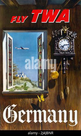 Vintage 1960s Reiseplakat Fliegen Sie mit TWA, Deutschland, TWA – Trans World Airlines. Hochauflösendes Poster. Stockfoto
