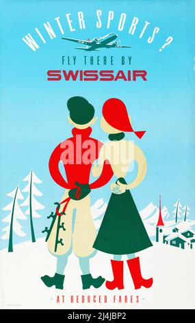 Reiseplakat Jahrgang 1950s - Swissair - Wintersport? - Elli Sieber - 1950 Stockfoto