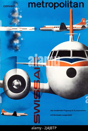 Vintage 1950s Reiseplakat - Swissair - convair Metropolitan - Kurt Wirth - 1956 Stockfoto