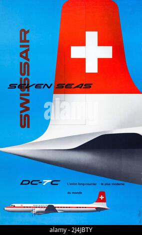 Vintage 1950s Reiseplakat - Swissair - Seven Seas DC-7C - Kurt Wirth - 1956 Stockfoto