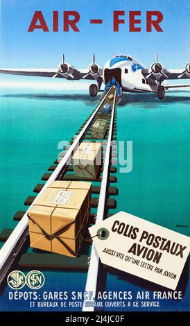 Reiseplakat des Jahrgangs 1940s - Air-Fer - Colis Postaux Avion aussi vite qu'une lettre par avion - Renluc - 1949 Stockfoto