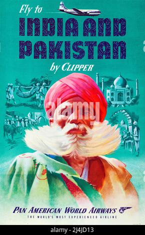 Vintage 1950s Pan am travel Poster - Indien und Pakistan von Clipper, Pan American World Airways Stockfoto