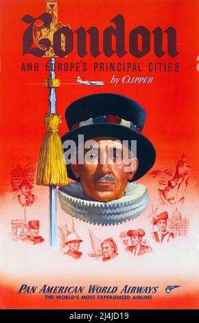 Vintage 1950s Pan am Travel Poster - London von Clipper, Pan American World Airways Stockfoto