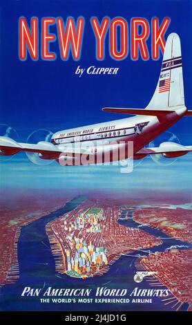 Vintage 1950s Pan am travel Poster -New York von Clipper- Pan American World Airways Stockfoto