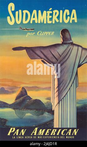 VINTAGE SÜDAMERIKA PAN AMERICAN WORLD POSTER VON CLIPPER Original Pan American World Airways Poster der 50er Jahre für Südamerika von Clipper Stockfoto