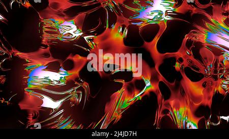 Leuchtendes Grün und orangefarbener Neon-Hintergrund. Bewegung. Glänzende Punkte in der Abstraktion, die Muster auf schwarzem Hintergrund erzeugen. Stockfoto