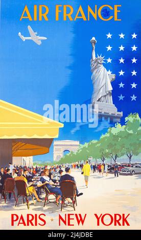 VINTAGE-REISEPOSTER VON VINCENT GUERRA 1951 - AIR FRANCE PARIS NEW YORK Stockfoto