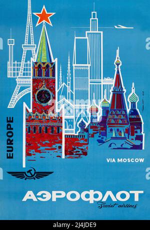 Pacifica Island Art Europe via Moscow Aeroflot Russian Airlines National Airline of Russia - Vintage Airline Travel Poster um 1968 Stockfoto