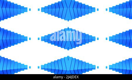 Optische Täuschung mit Pyramiden in horizontaler Position, die sich auf die Spitze des jeweils anderen bewegen. Design. Blau-weißes, nahtloses, geometrisches Schlaufenmuster. Stockfoto