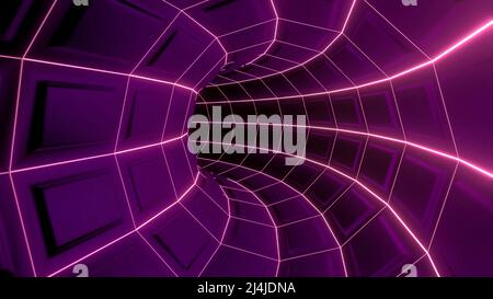 Neon-Tunnel.Design. Ein langer rosa-violetter Pfad in Abstraktion mit leuchtenden Linien und Quadraten, die sich bewegen. Stockfoto