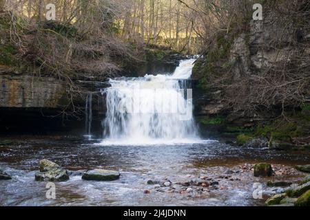 West Burton Falls, Wensleydale, Yorkshire Dales National Park. Der wunderschöne Wasserfall, auch bekannt als Cauldron Falls, liegt in einem kleinen Dorf Stockfoto