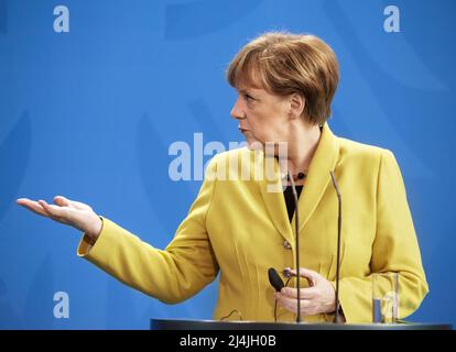 Berlin, Deutschland. 16. März 2015. Bundeskanzlerin Angela Merkel während eines gemeinsamen Briefings mit dem ukrainischen Präsidenten Petro Poroschenko in Berlin. (Foto von Mikhail Palinchak/SOPA Images/Sipa USA) Quelle: SIPA USA/Alamy Live News Stockfoto