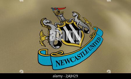Newcastle United Football Club-Flaggengeweben, nahtlose Schlaufe. Bewegung. Bunte abstrakte Flagge mit dem Emblem eines englischen Fußballvereins. Stockfoto