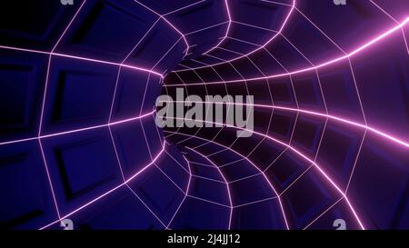 Neon-Tunnel.Design. Ein langer rosa-violetter Pfad in Abstraktion mit leuchtenden Linien und Quadraten, die sich bewegen. Stockfoto