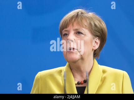 Berlin, Deutschland. 16. März 2015. Bundeskanzlerin Angela Merkel während eines gemeinsamen Briefings mit dem ukrainischen Präsidenten Petro Poroschenko in Berlin. (Bild: © Mykhaylo Palinchak/SOPA Images via ZUMA Press Wire) Stockfoto