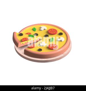 3D Pizza mit Pilzen, Oliven, Tomaten und Basilikum auf einem Holzbrett. Isolierte Abbildung auf weißem Hintergrund. Stockfoto