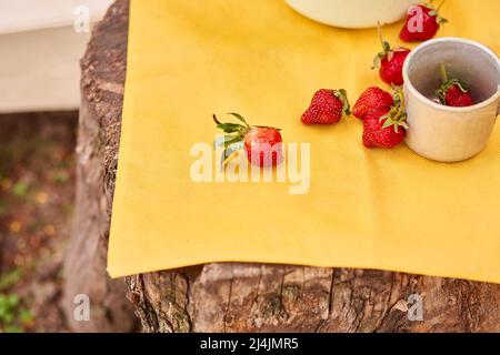 Erdbeeren in einem Reisetasse aus Metall-Aluminium auf einem Holzstumpf. Natürlicher Frühlingshintergrund. Cottagecore Ästhetik Konzept. Speicherplatz kopieren. Hochwertige Fotos Stockfoto