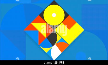 Farbenfrohes geometrisches Design mit beweglichen Figuren. Bewegung. Helle bewegte Figuren im modernen Grafikdesign-Stil. Retro-Stil von geometrischen Mustern von 80s Stockfoto