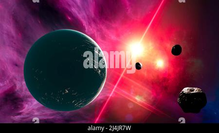 Planeten und Exoplaneten von unerforschten Galaxien, schwarzes Loch. Sci-Fi. Neue Welten zu entdecken. Besiedlung und Erforschung von Nebel und Galaxien. Stockfoto