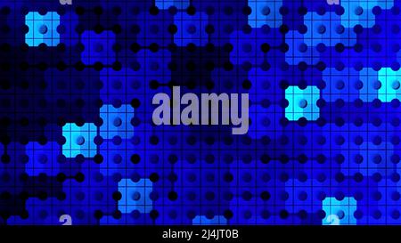 Blinkende bunte Reihen gleicher Größe blaue Fliesen mit hellen Fackeln, nahtlose Schleife. Bewegung. Gradient blau quadratisch geformte schimmernde Objekte. Stockfoto