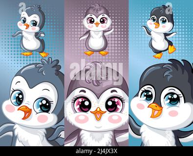 Set von vertikalen Banner mit niedlichen Pinguinen. Drei Poster mit Cartoon-Tieren. Vektorgrafik. Hintergrund mit Vögeln. Für Druck, Lesezeichen, Statistik Stock Vektor