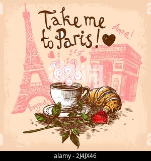 Take Me to paris Handgezeichnetes Konzept mit Kaffeetasse Croissant Eiffelturm und Triumphbogen Konzept Vektor-Illustration Stockfoto