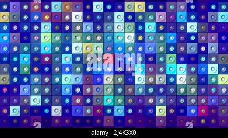 Digitale Animation von Mosaikmuster Wand, nahtlose Schleife. Bewegung. Bunte blinkende Quadrate mit kleinen Punkten in der Mitte. Stockfoto
