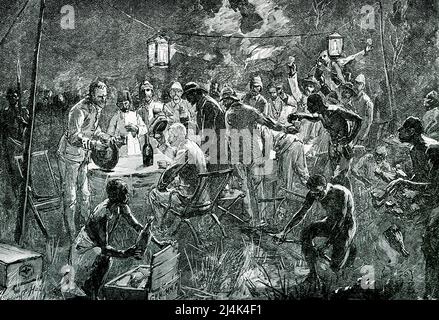 Die Überschrift von 1890 lautet: „Bankett in Msua“. Es stammt aus dem Buch von H M Stanley, in darkest Africa. Sir Henry Morton Stanley (1841-1904) war ein britischer Forscher und Journalist. 1871 schickte ihn der New York Herald nach Afrika, um David Livingstone zu finden. Auf der Expedition von 1879 bis 1884 erhielt er territoriale Konzessionen, die zum belgischen Erwerb des Kongo-Freistaates führten. Stockfoto