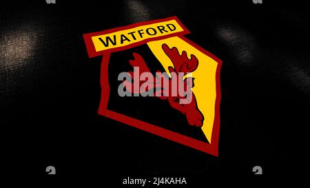 Abstrakt Watford Football Club Flagge mit einem roten Kopf eines Hirsches. Bewegung. Englischer Profifußballverein mit einem Logo, das im Wind schwankt, nahtlos Stockfoto