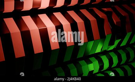 Abstraktion mit Noten von grünen, roten, blauen Farben.Design. Das Bild mit den als Schraube angefertigten Linien bewegt sich und nimmt die vorherige Position ein. Stockfoto