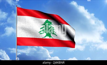 Flagge des Libanon vor dem Hintergrund von Wolken, die auf dem blauen Himmel schweben. Bewegung. Abstrakter grüner Zedernbaum und eine Libanonflagge, nahtlose Schleife. Stockfoto
