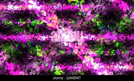Gekreuzte Licht- und Energieströme aus grünen und violetten Farben auf schwarzem Hintergrund, nahtlose Schleife. Bewegung. Herabfallende wunderschöne Flecken. Stockfoto