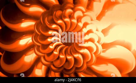 Hintergrund . Bewegung. Eine verdrehte Spirale in Form von Veilchen der blauen und orangen Farbe dreht sich von klein auf groß. Stockfoto