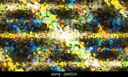 Strom von sich bewegenden Blasen und farbigen Linien. Bewegung. Projektion von farbigen Lichtlinien auf Luftblasen. Satz beweglicher Partikel mit Projektion von Stockfoto