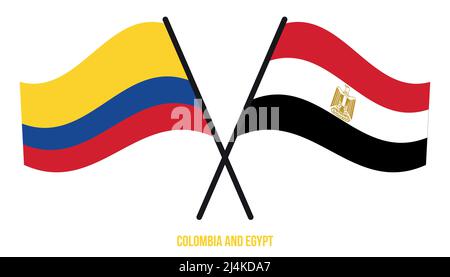 Kolumbien und Ägypten Flaggen gekreuzt und winken Flat Style. Offizieller Anteil. Korrigieren Sie Die Farben. Stock Vektor