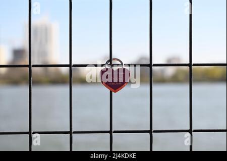 Liebesschloss auf einem Gitter in Wien Stockfoto