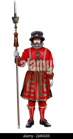 yeoman Warder Beefeater älterer Mann mit einem Speer in roten Kleidern, Stockfoto