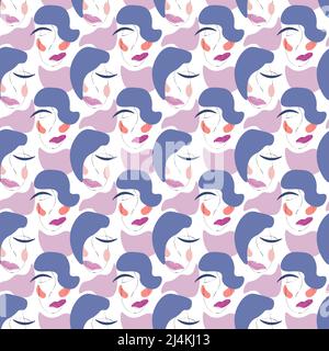 Stilisierte Porträts und abstrakte Flecken. Nahtloses Muster. Stock Vektor